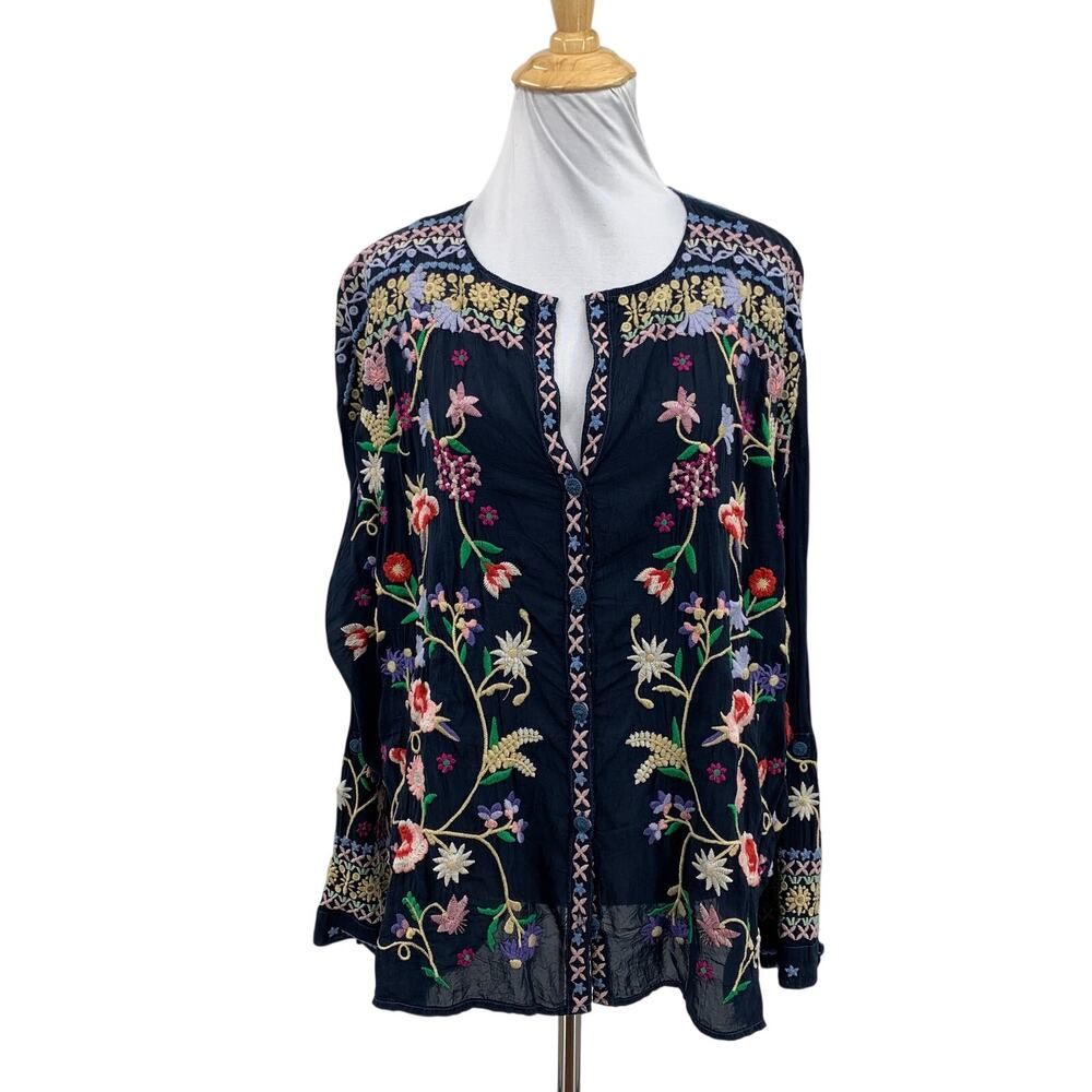 Johnny Was Blouse Womens S Small Navy Gisella Embroidered Floral Button Up Tunic